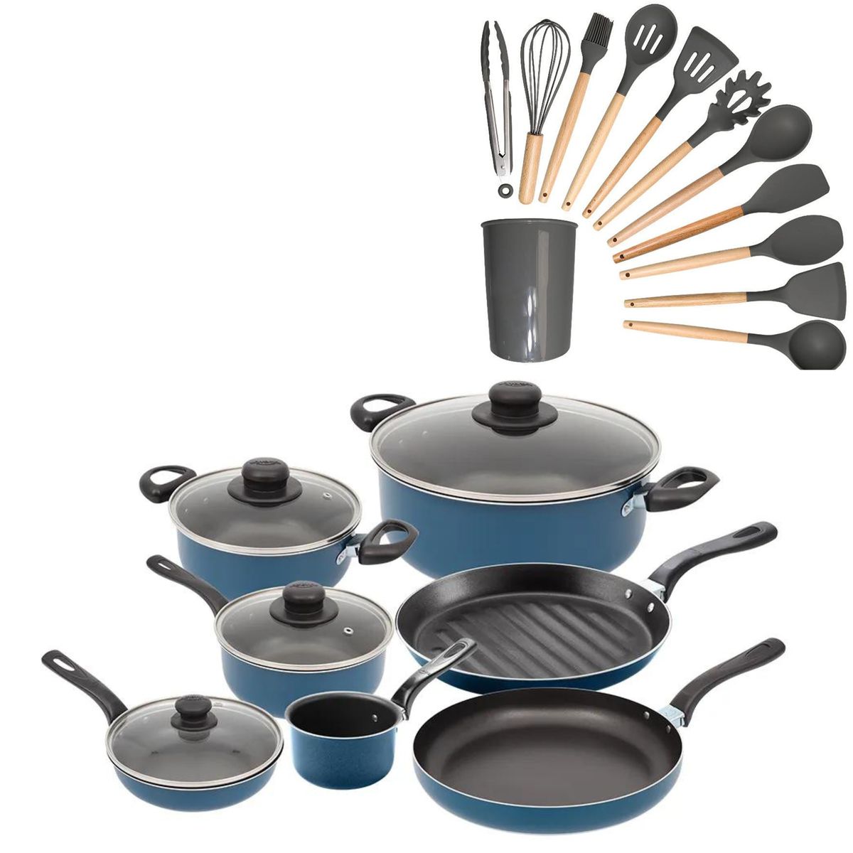 UNIVERSAL - Juego de Ollas Universal 11 Piezas Antiadherente Azul + Set Utensilios