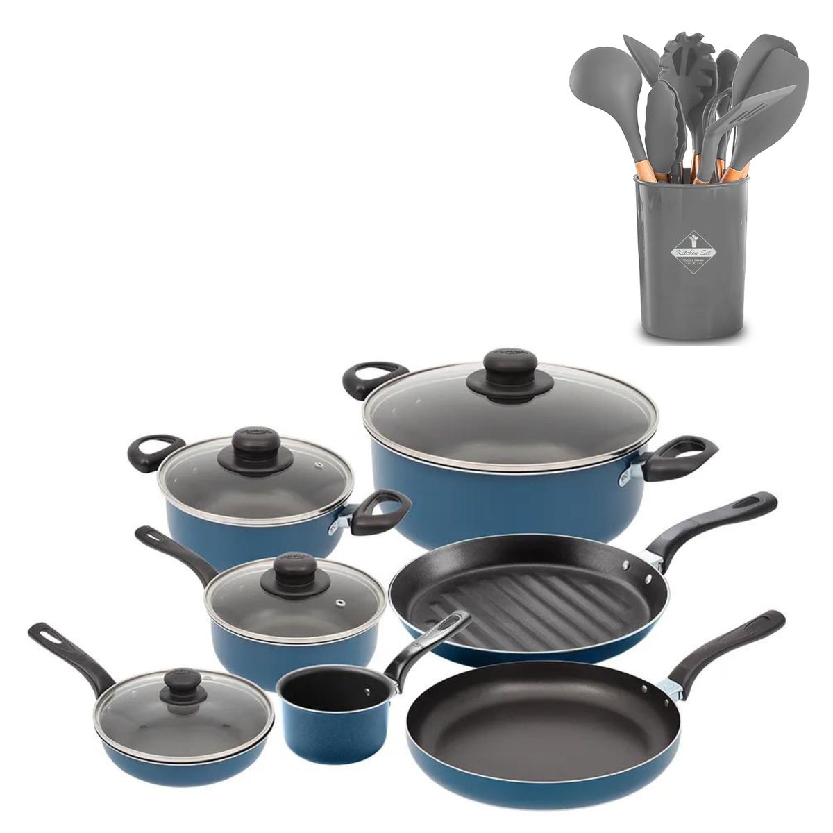 UNIVERSAL - Juego de Ollas Universal 11 Piezas Antiadherente Azul + Set Utensilios