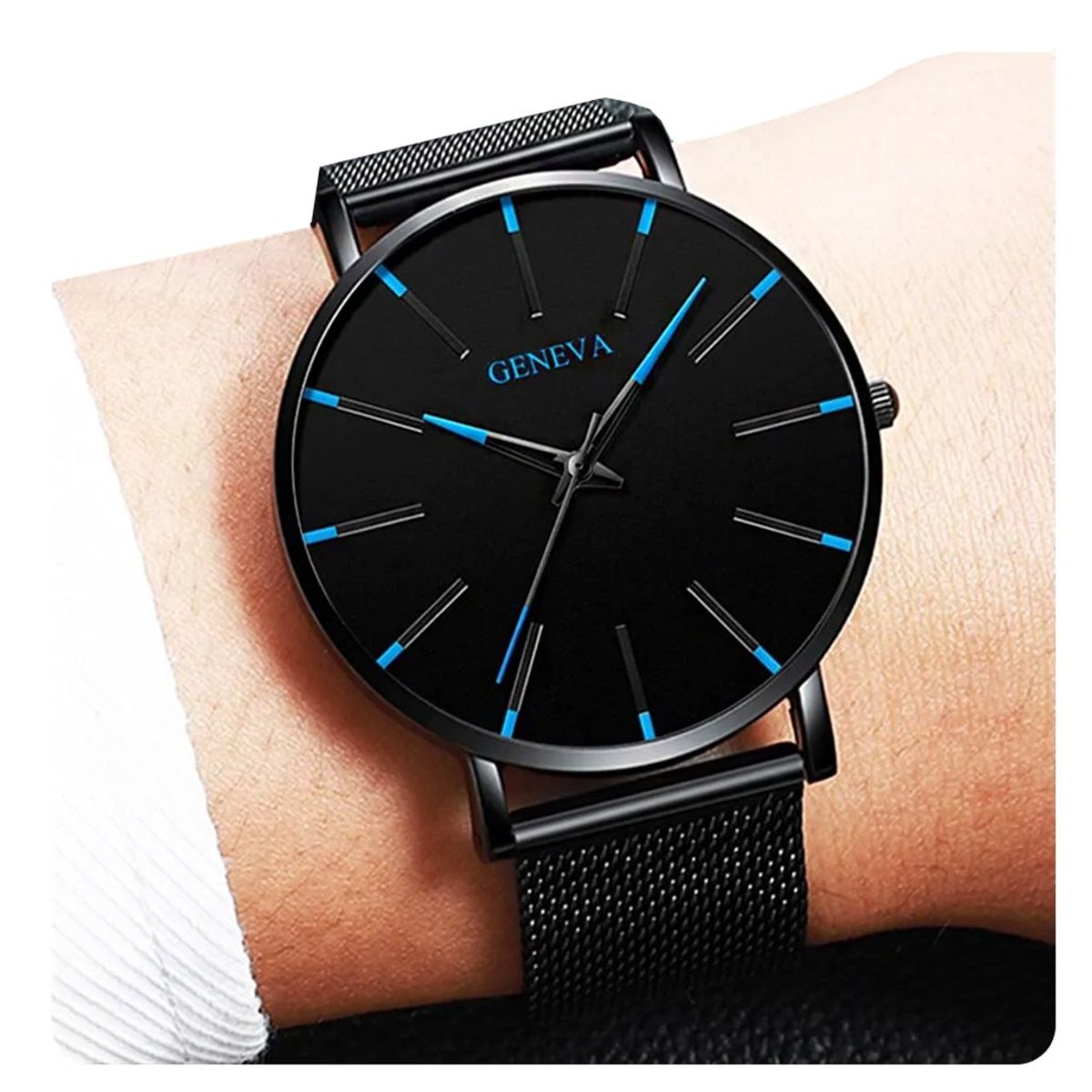 GENEVA - Reloj de Cuarzo Para Hombres  Banda de Acero Inoxidable - Negro