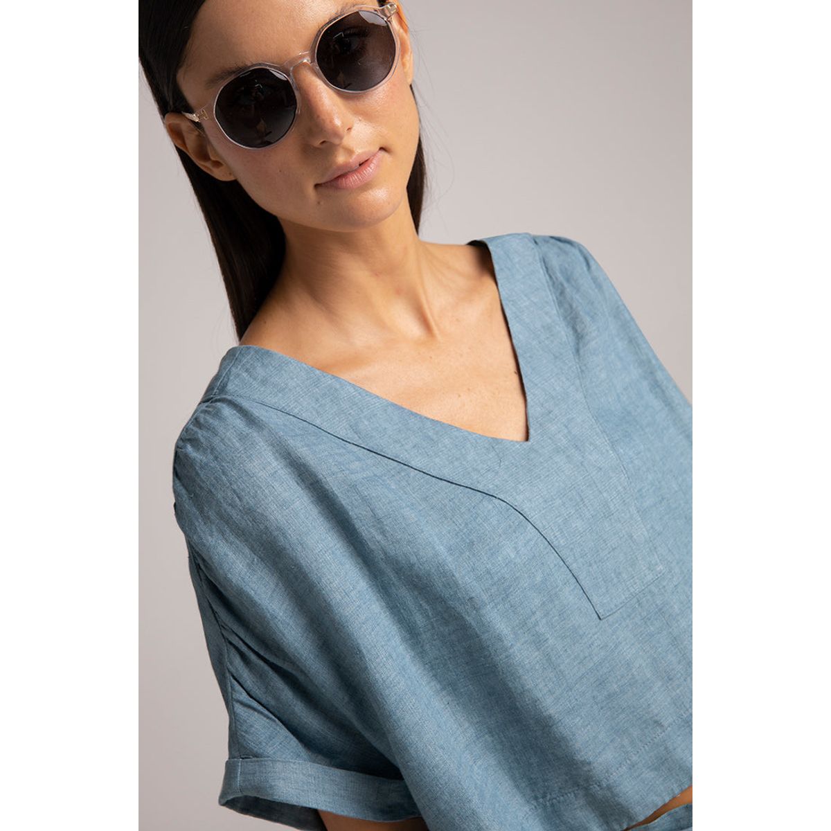 TOUCHE BALNEAIRE - Blusa corta con detalle fruncido Color Azul Denim Ref 0A70051