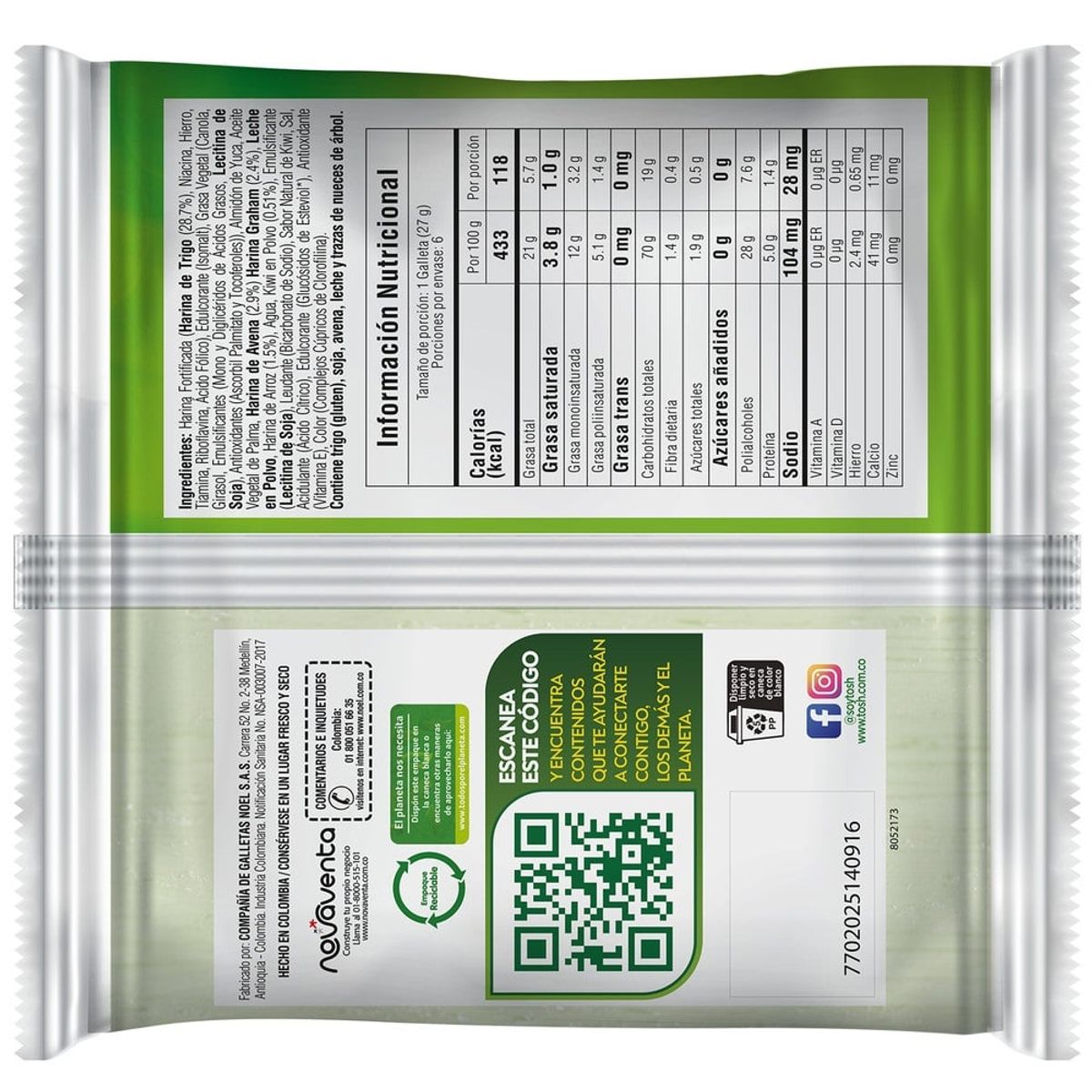 TOSH - Galleta Tosh Wafer Kiwi Sin Azucar X 6Und X 162G