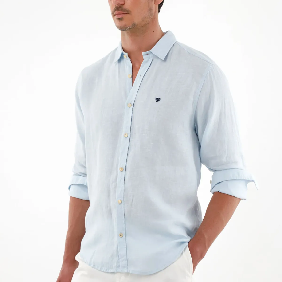TENNIS - Camisa azul en lino para hombre