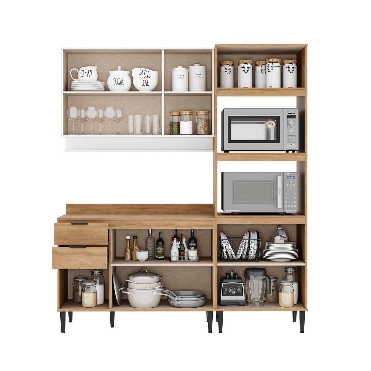 BERTOLINI - Cocina Integral en MDP 190cm con mesón en MDP 9 puertas  freijo blanco