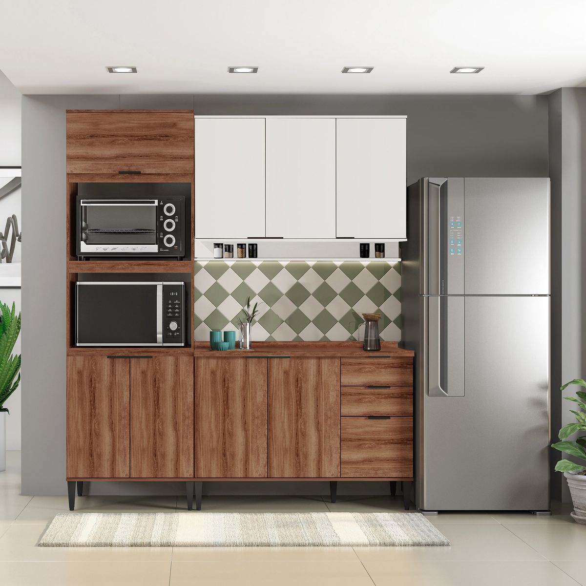 BERTOLINI - Cocina Integral en MDP 190cm con mesón en MDP 9 puertas  freijo blanco