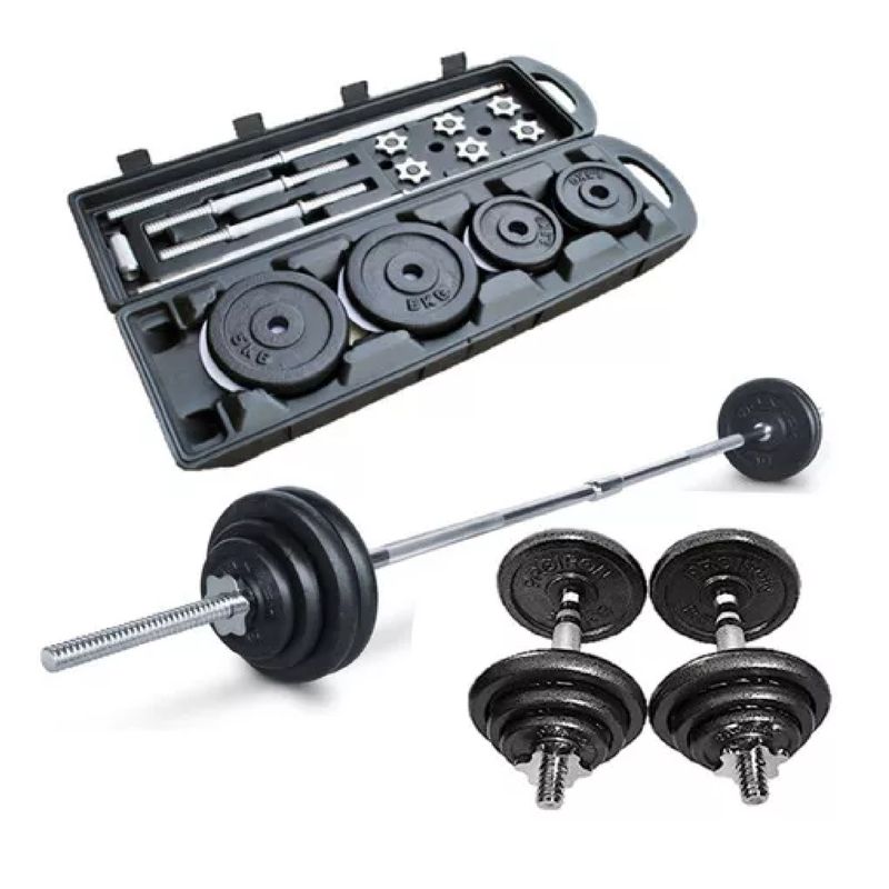 GENERICO - KIT DE PESAS 50 KG HIERRO NEGRAS EXTENSOR BARRA RECTA 1,50M