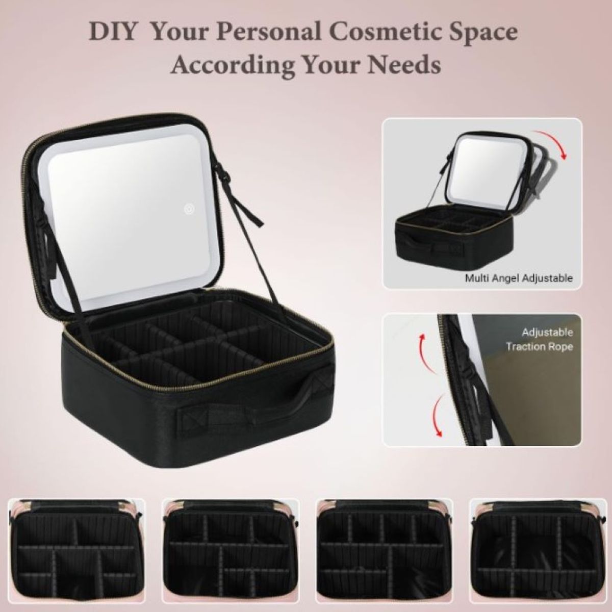 GENERICO - Estuche De Maquillaje Con Espejo Divisiones Luz Led 3 Modos