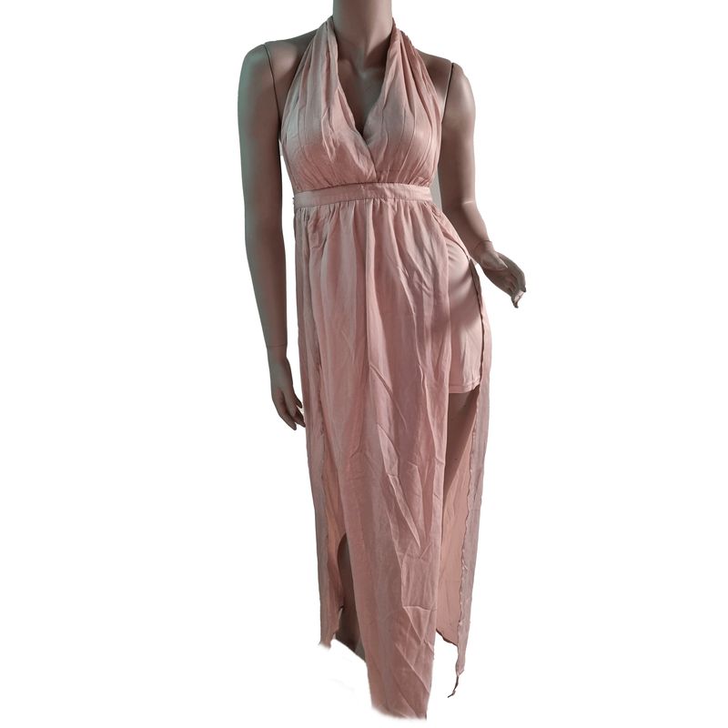 VIA7 - Vestido largo americano rosa escote busto V y en las piernas