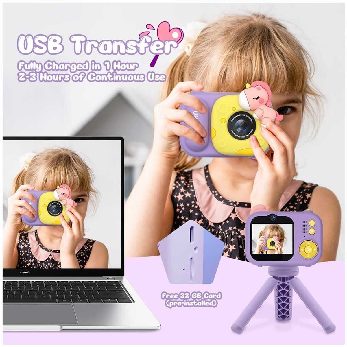 ONE PIXEL - Cámara Infantil Digital Full HD Con Tripode Rosado Unicornio