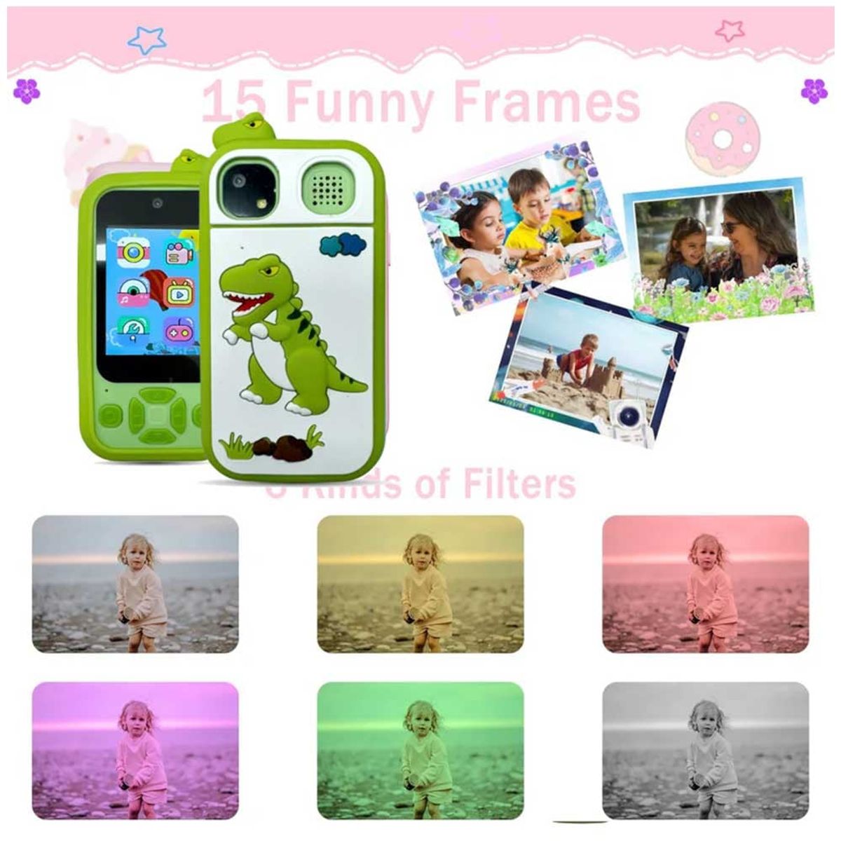ONE PIXEL - Cámara Infantil Digital Tipo Smartphone Dinosaurio Verde