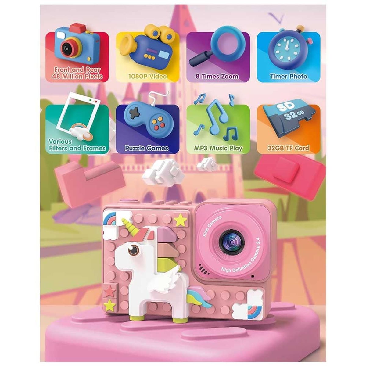 ONE PIXEL - Cámara Digital Para Niños Doble Lente Fotos Y Videos Unicornio Rosa