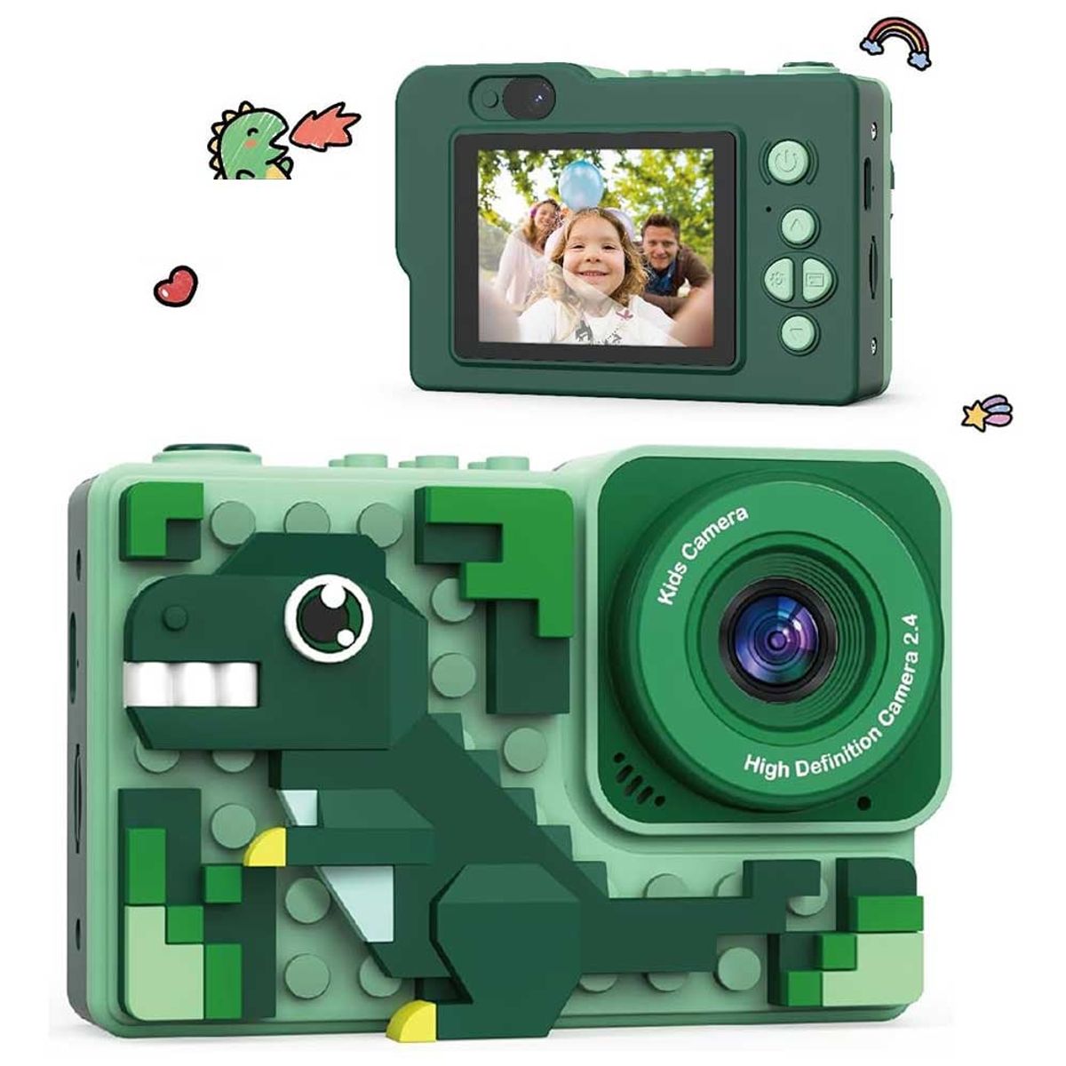 ONE PIXEL - Cámara Digital Para Niños Doble Lente Fotos Y Videos Dinosaurio Verde