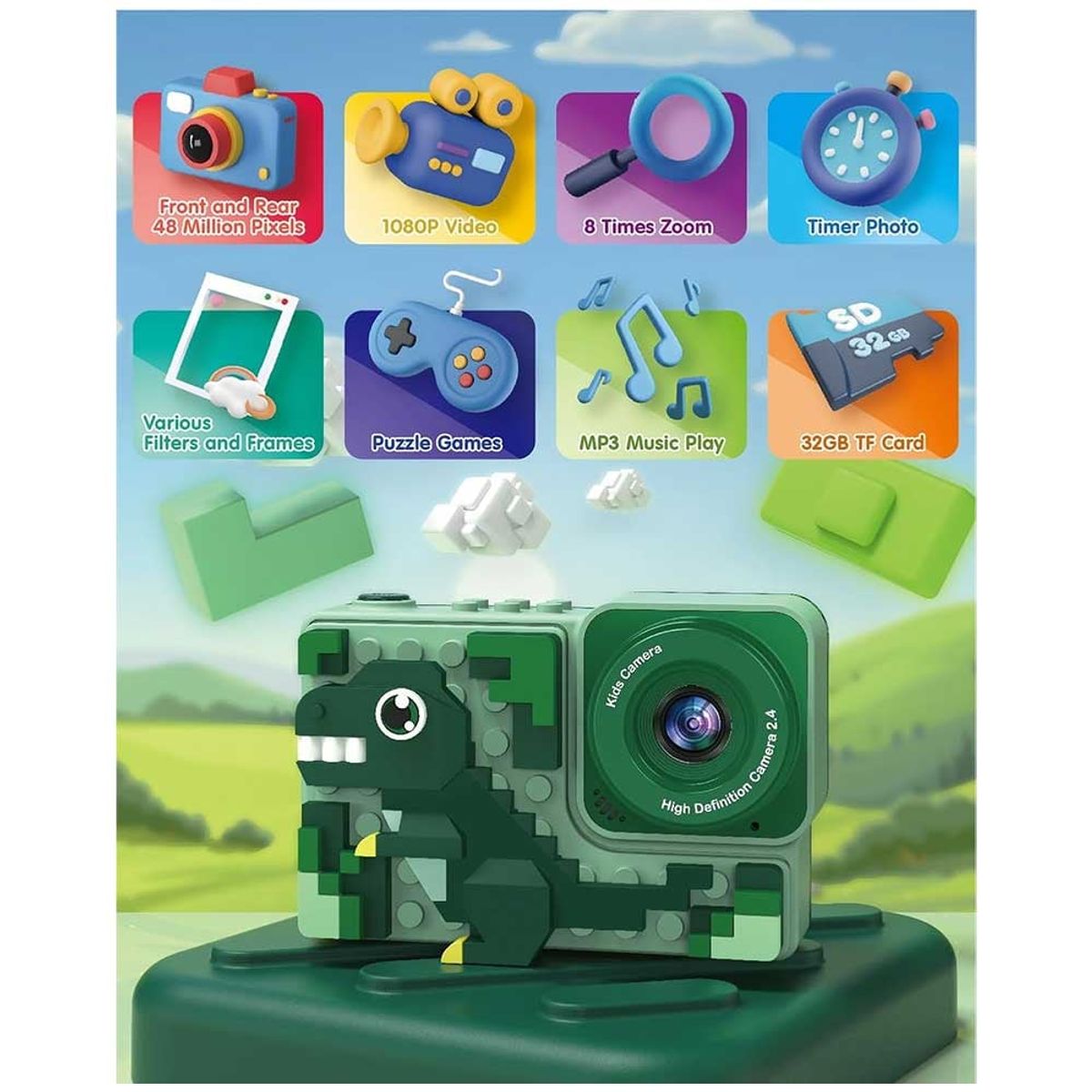 ONE PIXEL - Cámara Digital Para Niños Doble Lente Fotos Y Videos Dinosaurio Verde