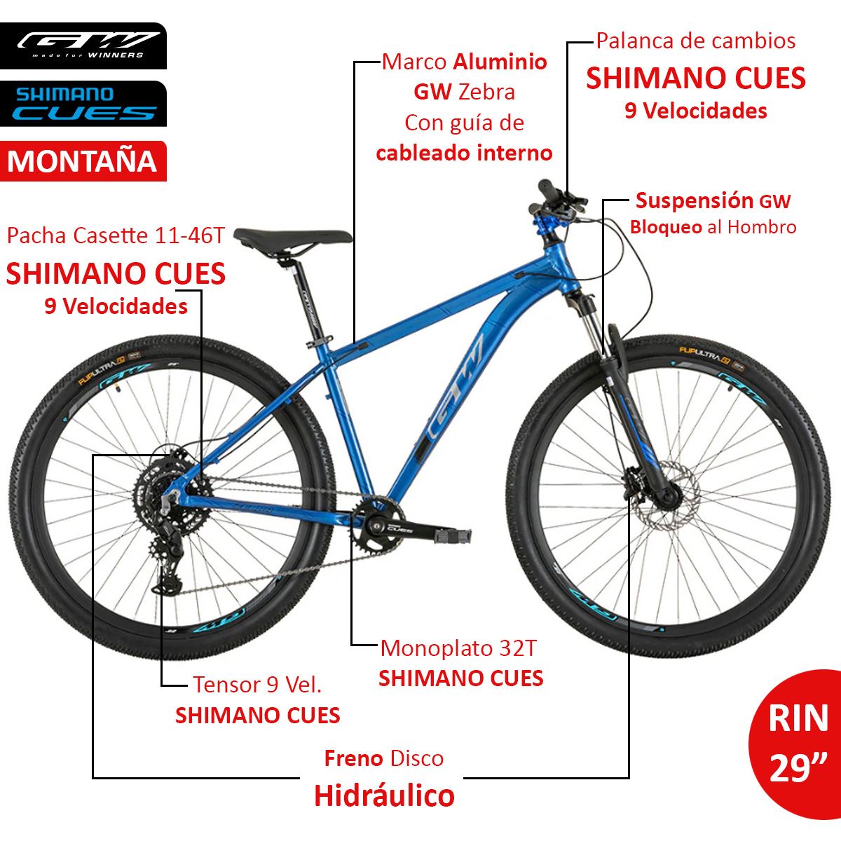 GW - Bicicleta de Montaña GW Zebra Rin 29 Shimano 9 Vel