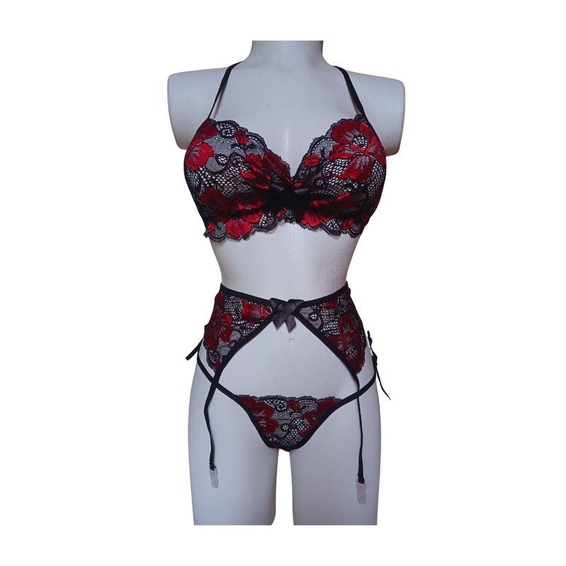 GENERICO - Conjunto sensual ropa interior encaje con liguero tanga hilo Sexy