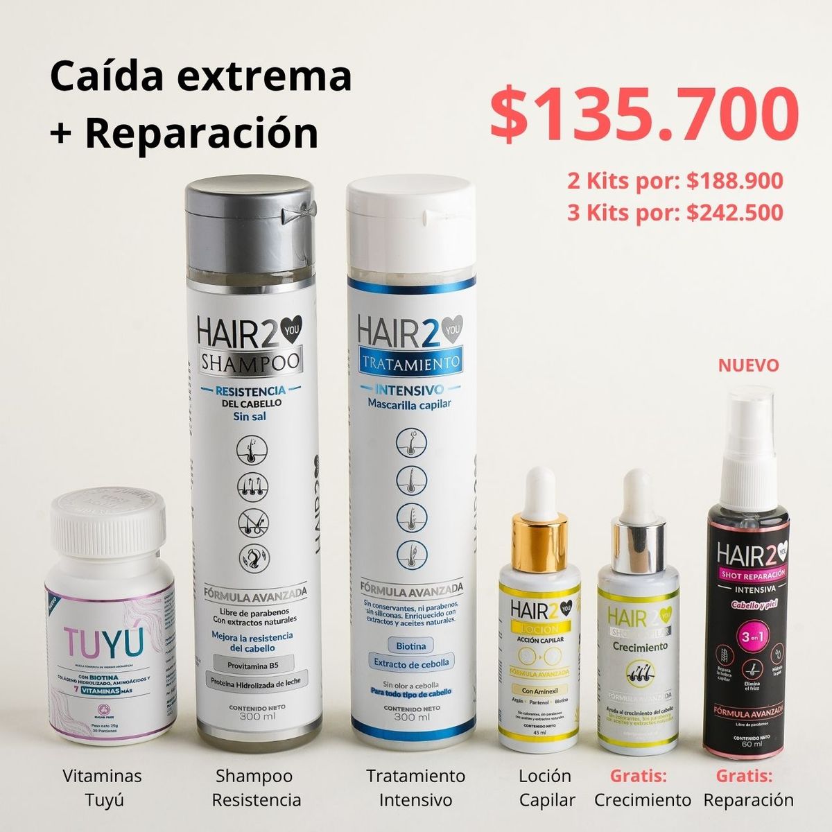 HAIR2YOU - Rutina para detener la caída del cabello x 6 PRODUCTOS