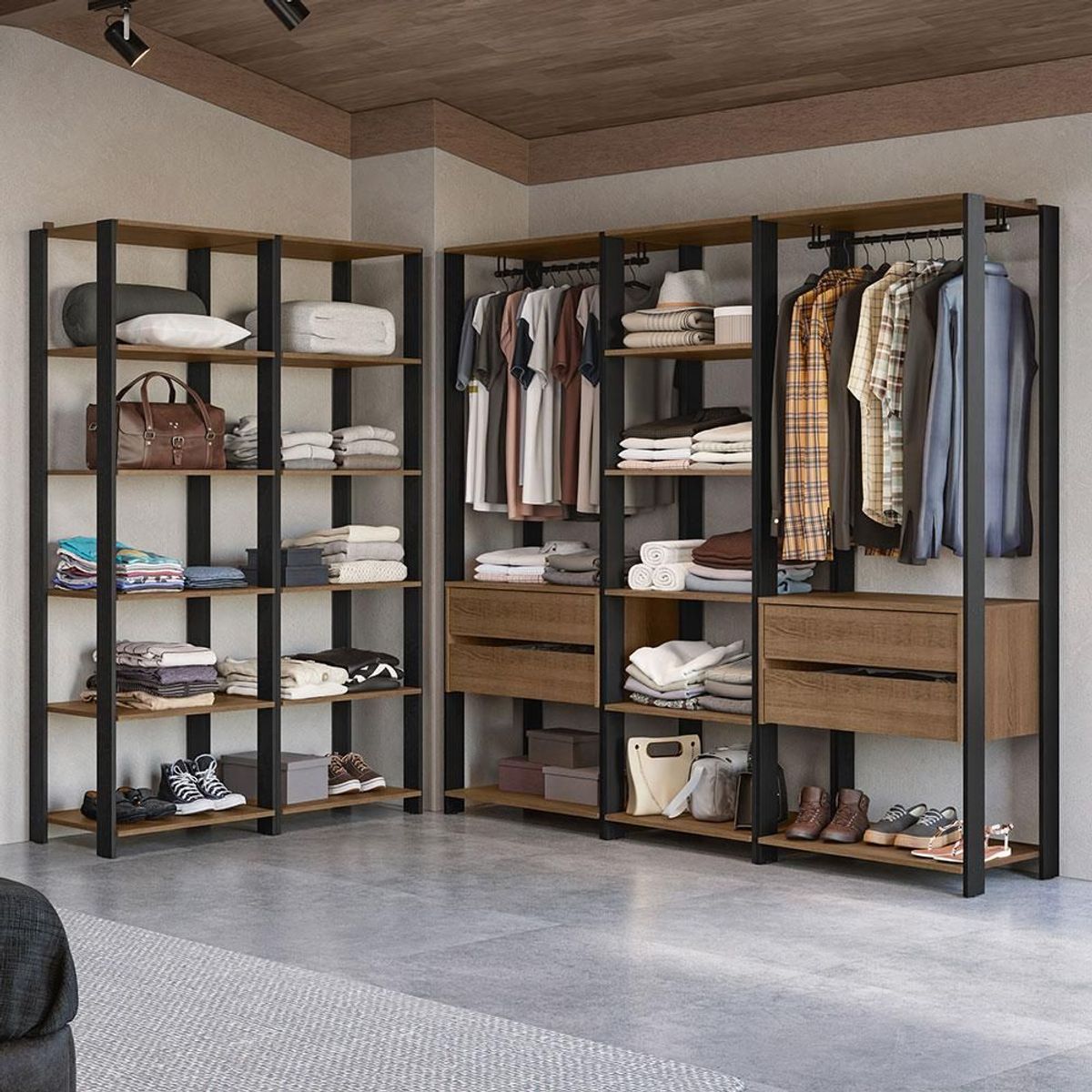 MADESA - Clóset Modulado Abierto Valencia 4 Cajones 19 Niveles 180 cm x 317 cm Marrón/Negro 01