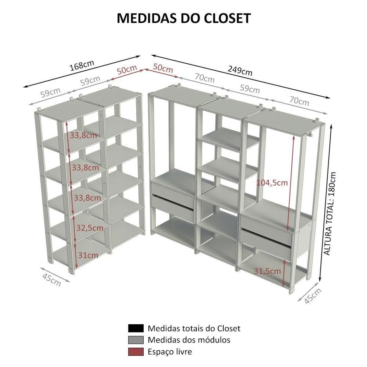 MADESA - Clóset Modulado Abierto Valencia 4 Cajones 19 Niveles 180 cm x 317 cm Marrón/Negro 01