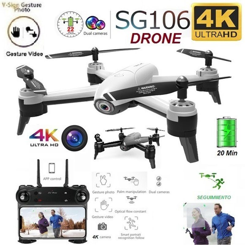 GENERICO - Drone Sg106 Dual Camara 4k 20 Min Sensor Optico 100met Wifi
