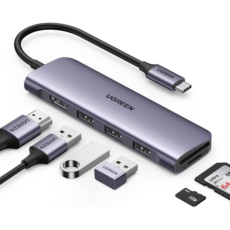 UGREEN - Hub USB C a 2 Puertos USB 30 + HDMI + SD con Alimentación PD Gris