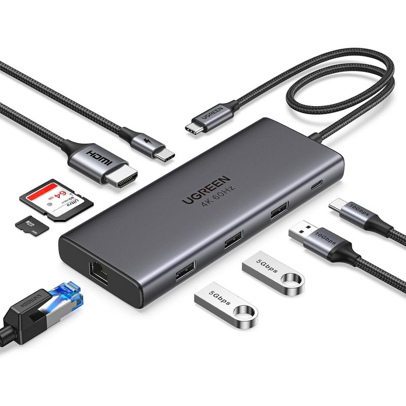 UGREEN - Hub USB C a 2 USB 30  1 USB 20  2 HDMI  RJ45 1000M  SD  TF  PD 4K 60Hz