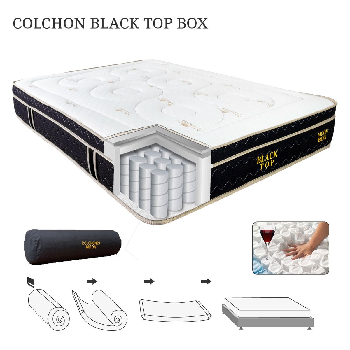 COLCHONES MOON - Colchon Cama SEMIDOBLE 120 x 190 BLACK TOP BOX  Ortopedico BONEL.
