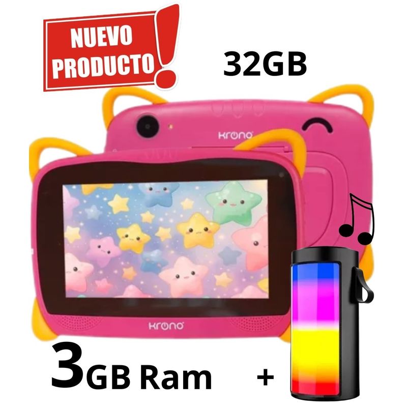KRONO - Tablet Niños 3GB RAM Android 13 32GB Wifi + Parlante ROSADO.
