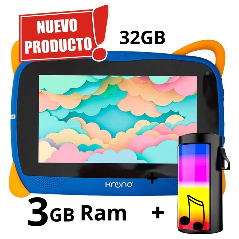 KRONO - Tablet Niños 3GB RAM Android 13 32GB Wifi + Parlante Azul.