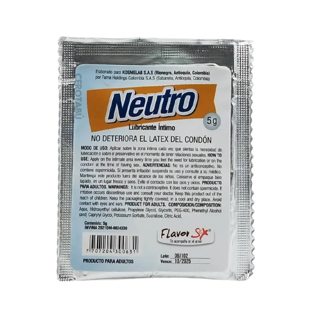 FLAVOR SEX - Lubricante Intimo Neutro Natural A Base De Agua 5g