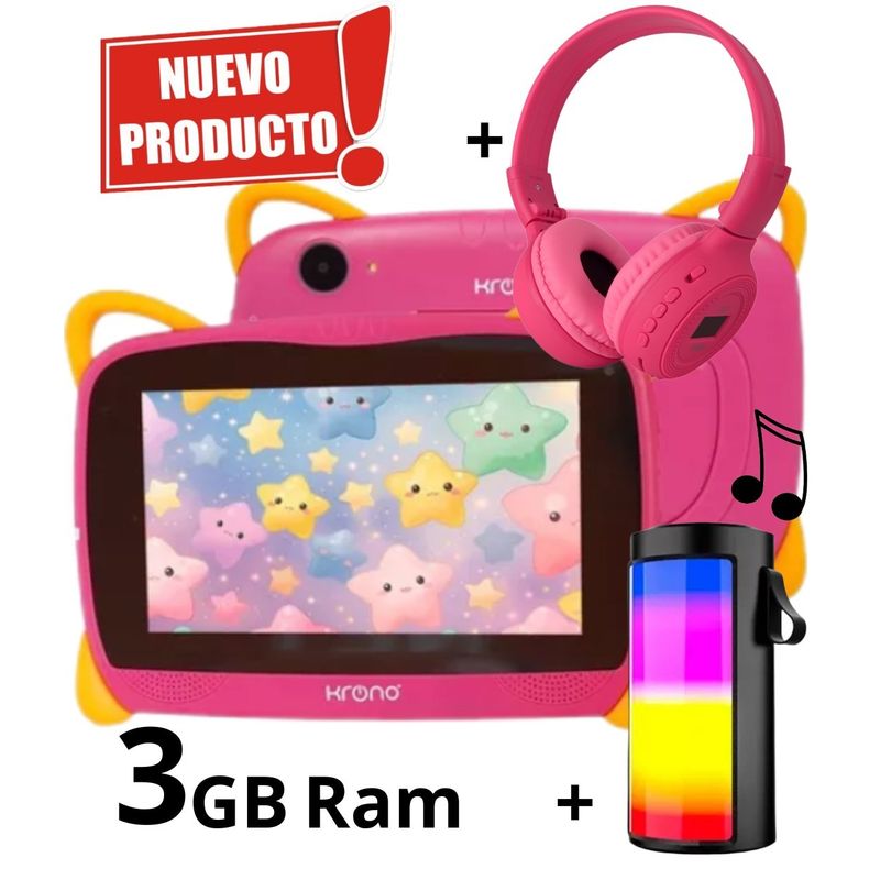 KRONO - Tablet 3GB RAM 7 Pulgadas Niños Android 13 32GB Wifi + Parlante + Diadema ROSADO.