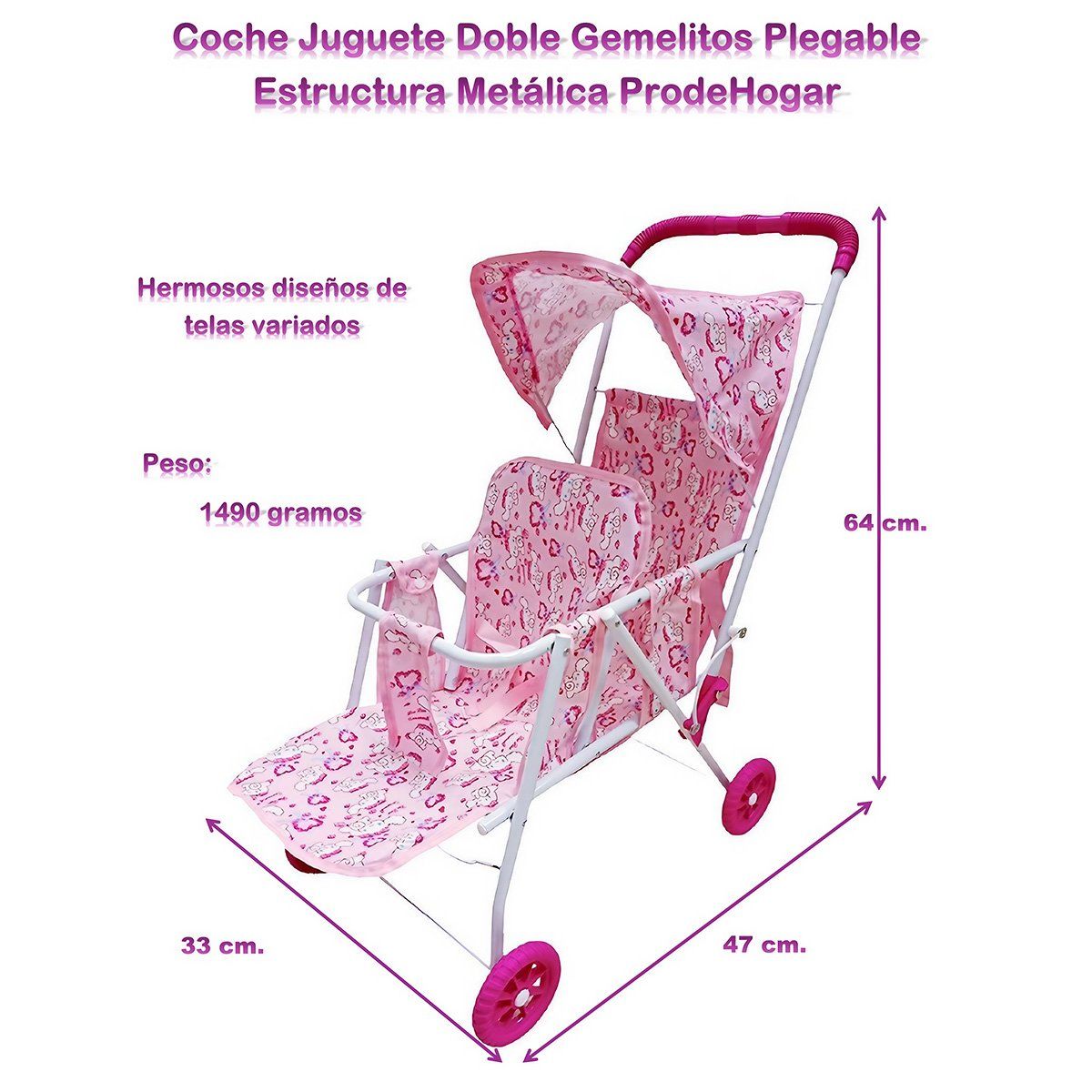 PRODEHOGAR - Coche Gemelo Juguete Niña Para 2 Muñecos Resistente Plegable