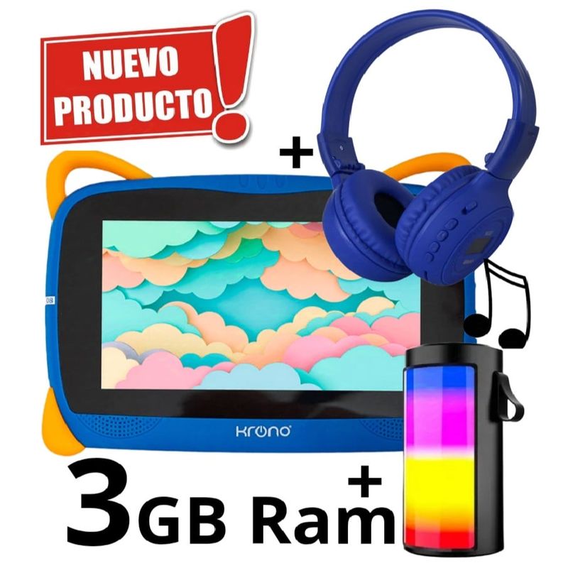 KRONO - Tablet 3GB RAM 7 Pulgadas Niños Android 13 32GB Wifi + Diadema + Parlante Azul.