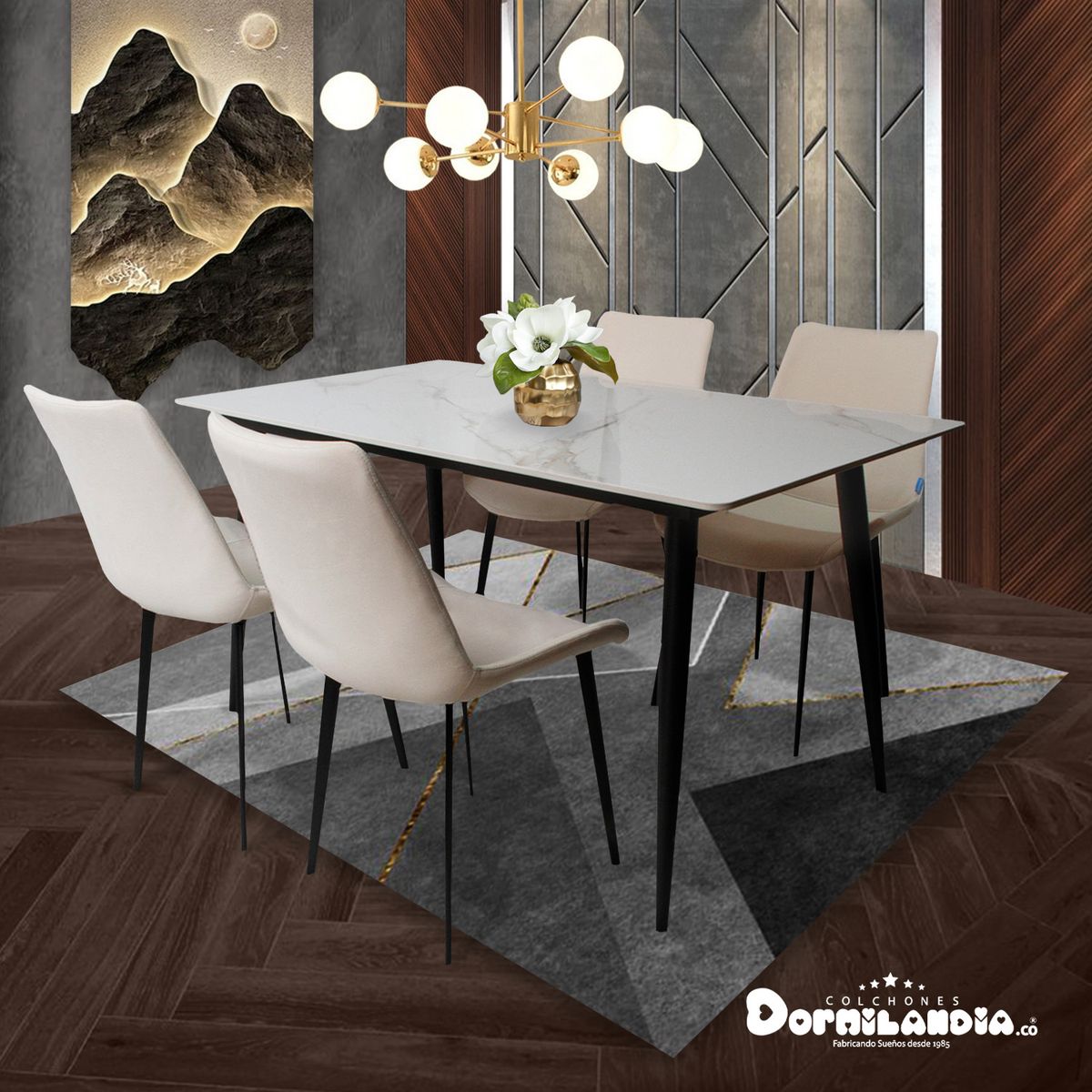 DORMILANDIA - Comedor Berlín 4 puestos beige piedra sinterizada