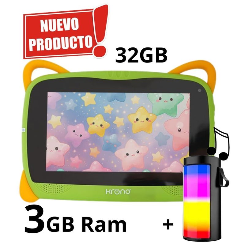 KRONO - Tablet Niños 3GB RAM Android 13 32GB Wifi + Parlante Verde.