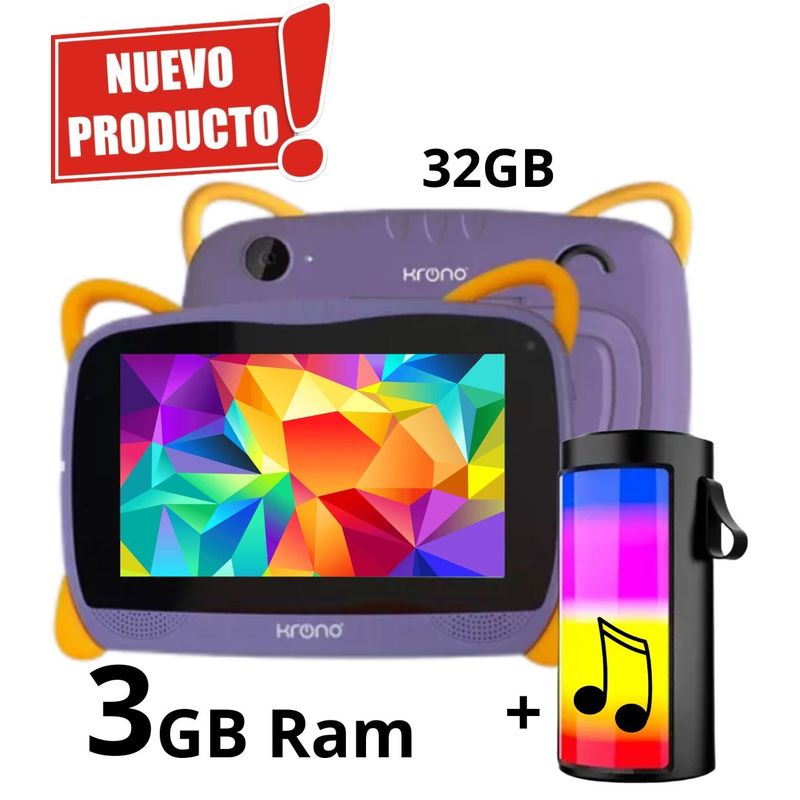 KRONO - Tablet Niños 3GB RAM Android 13 32GB Wifi + Parlante Morado.