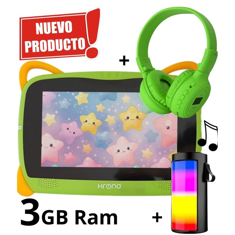 KRONO - Tablet 3GB RAM 7 Pulgadas Niños Android 13 32GB Wifi + Parlante + Diadema Verde.