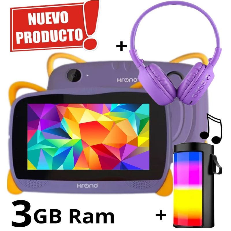 KRONO - Tablet 3GB RAM 7 Pulgadas Niños Android 13 32GB Wifi + Parlante + Diadema Morado.