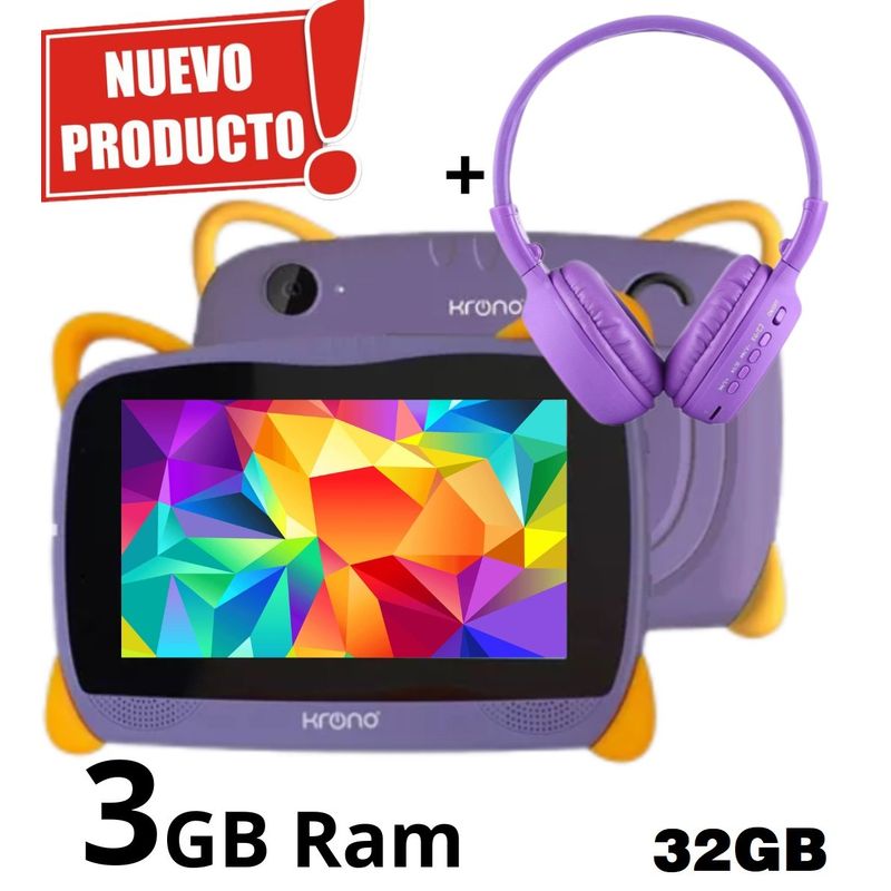 KRONO - Tablet 3GB RAM 7 Pulgadas Niños Android 13 32GB Wifi + Diadema Morado.