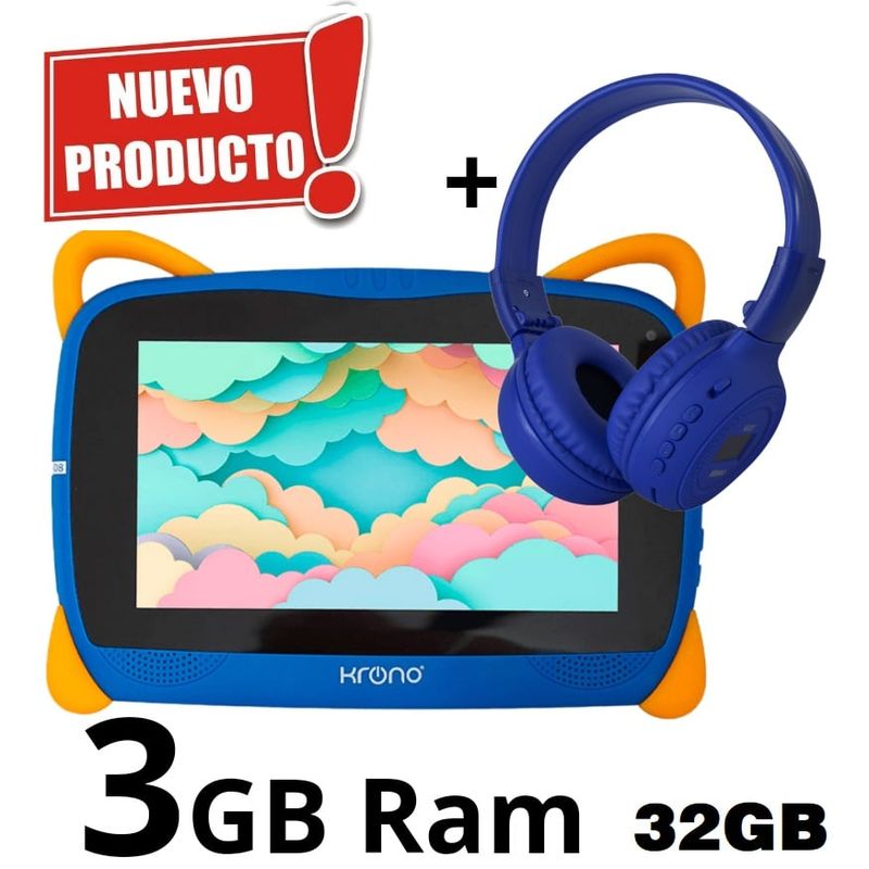 KRONO - Tablet 3GB RAM 7 Pulgadas Niños Android 13 32GB Wifi + Diadema Azul.
