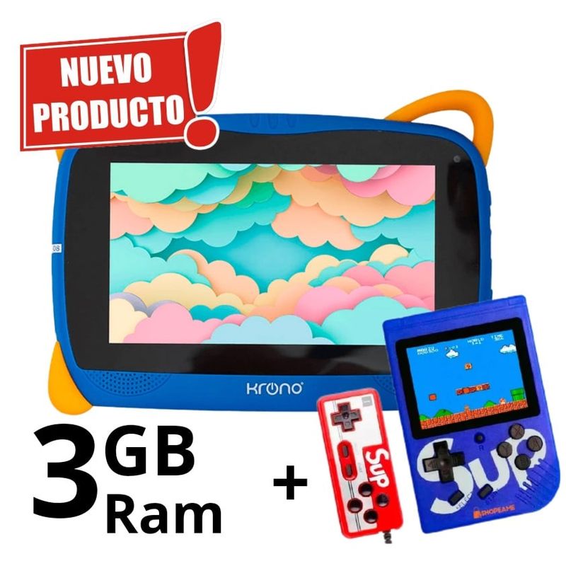 KRONO - Tablet 3GB RAM 7 Pulgadas Niños Android 13 32GB Wifi + Gameboy Azul.