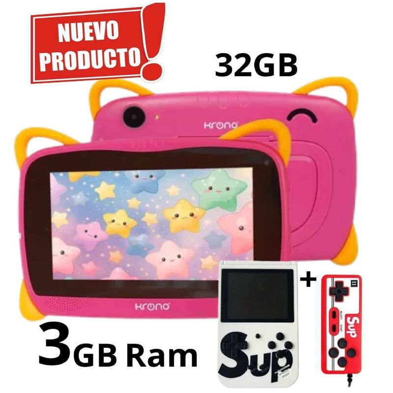 KRONO - Tablet 3GB RAM 7 Pulgadas Niños Android 13 32GB Wifi + Gameboy Rosado.