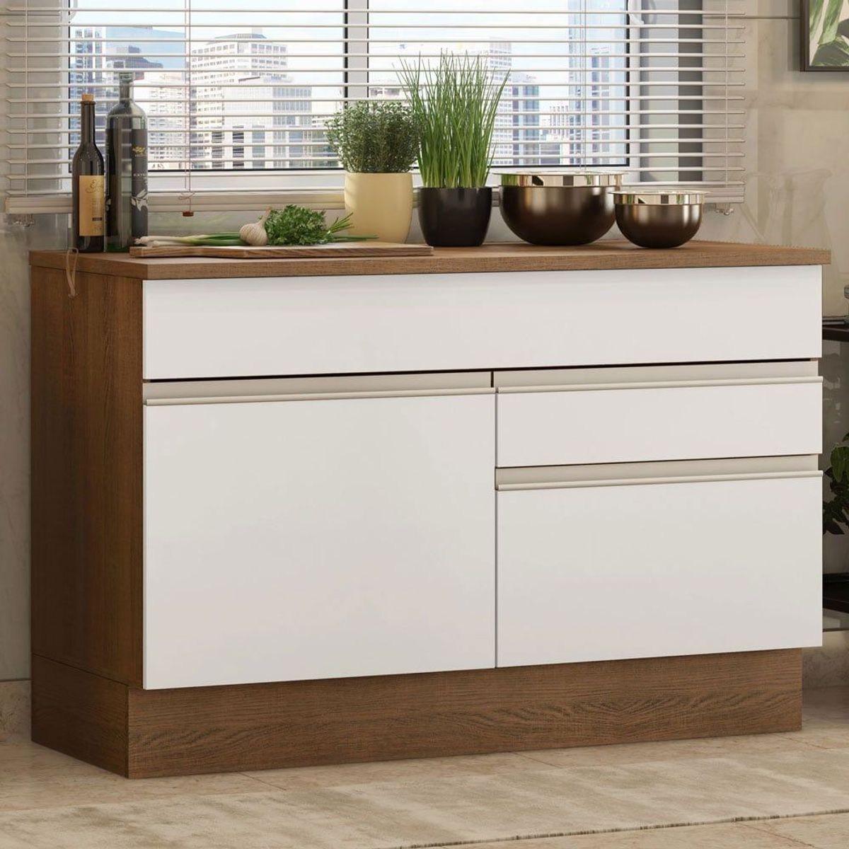 MADESA - Mueble de Cocina Bajo Glamy 1.20 m 1 Puerta 2 Cajones con Encimera Marrón/Blanco