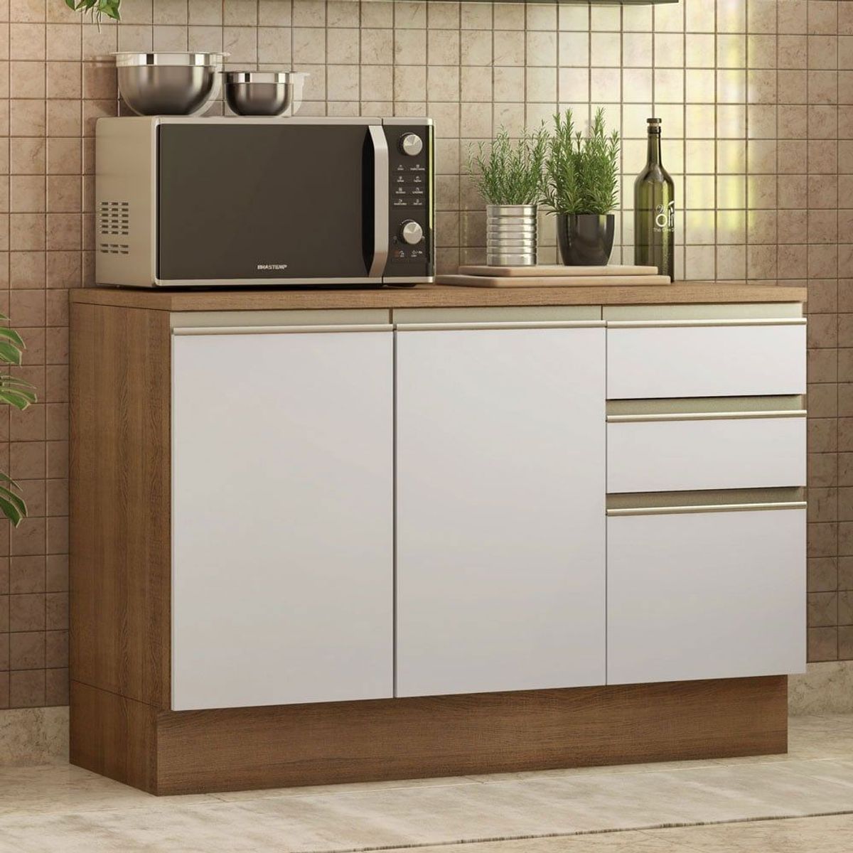 MADESA - Mueble de Cocina Bajo Glamy 1.20 m 2 Puertas 3 Cajones con Encimera Marrón/Blanco