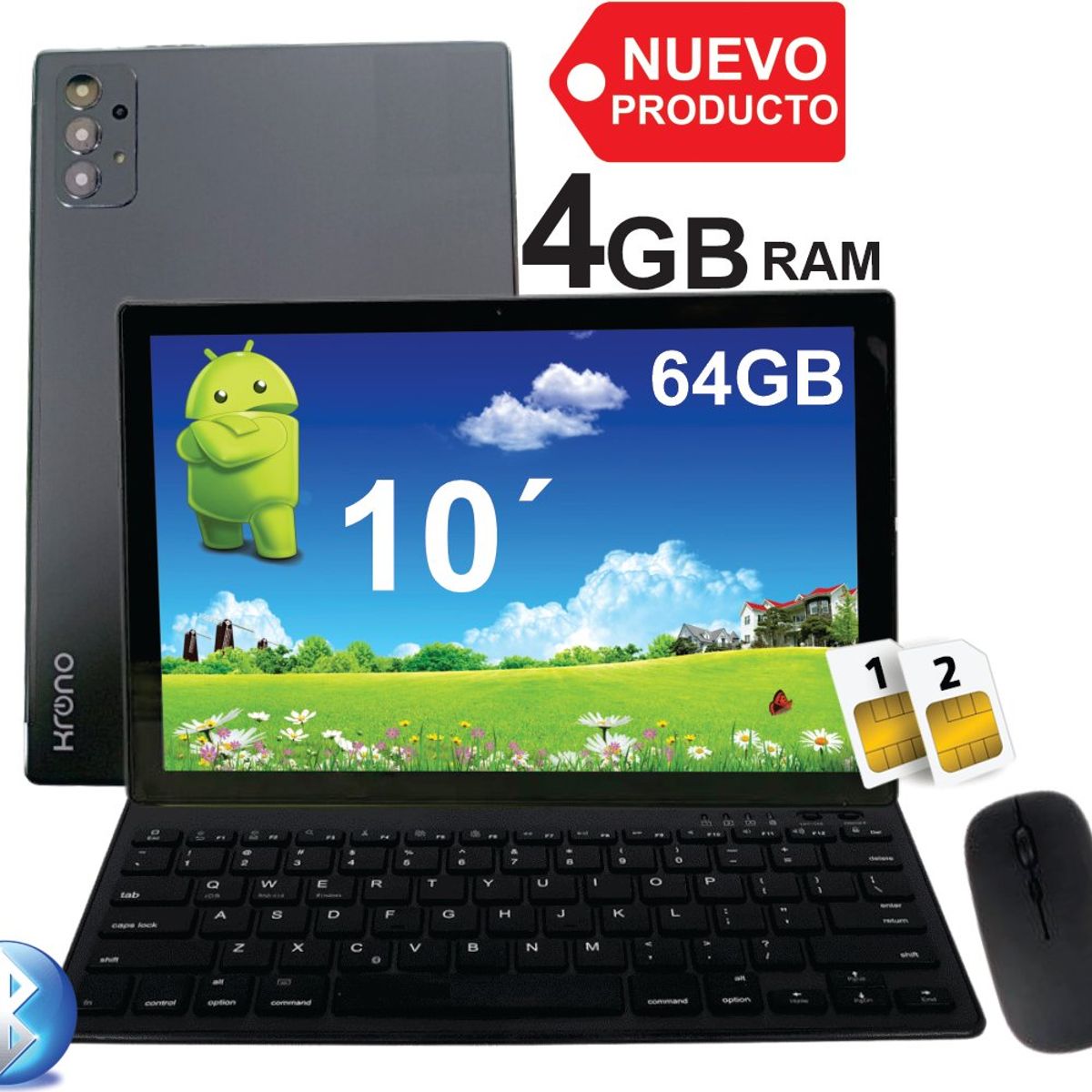 KRONO - Tablet 10 Pulgadas 4GB RAM Doble SIM Android 14 64GB + Teclado + Mouse Gris