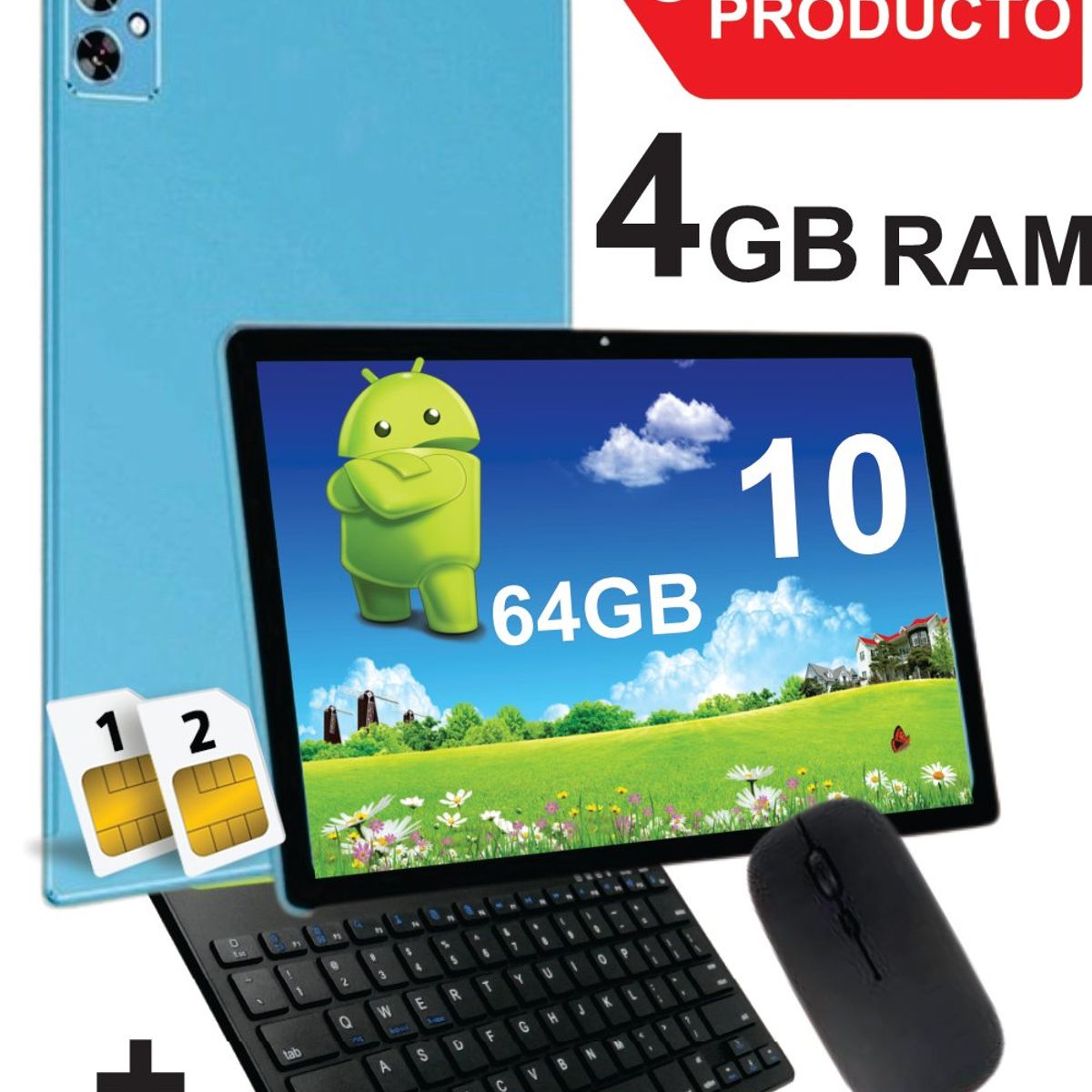 KRONO - Tablet 10 Pulgadas 4GB RAM Doble SIM Android 14 64GB + Teclado + Mouse Azul