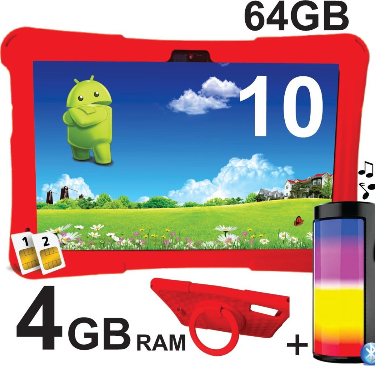 KRONO - Tablet Niños 10 Pulgadas 4GB RAM Doble SIM Android 14 64GB Rojo