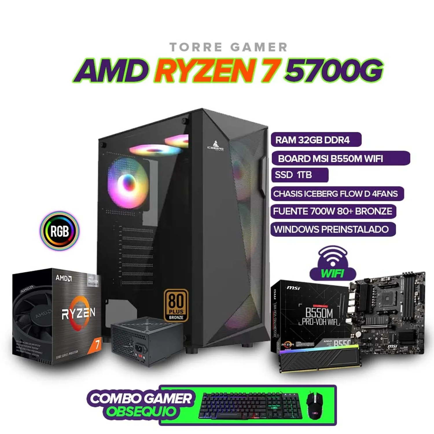 PC Gamer Ryzen 7 5700G / RAM 32GB / SSD 1TB / Board B550 / 700W 80