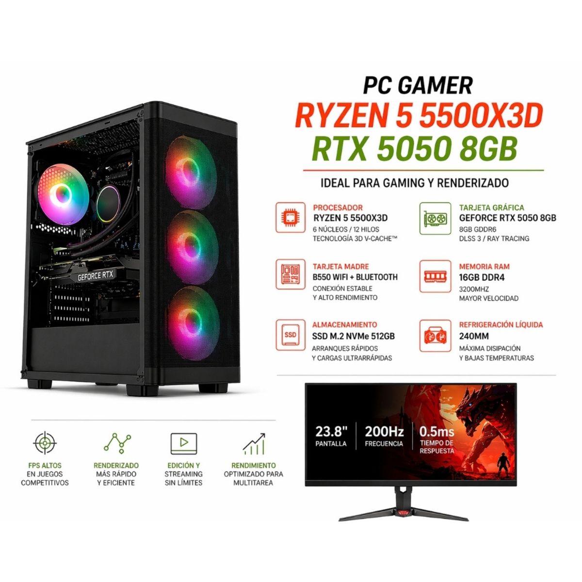 AMD - PC GAMER RYZEN 5 5500X3D - RTX 5050 8GB - 16GB RAM - 512GB SSD - MONITOR 24" 200Hz - LIQUIDA 240 ML
