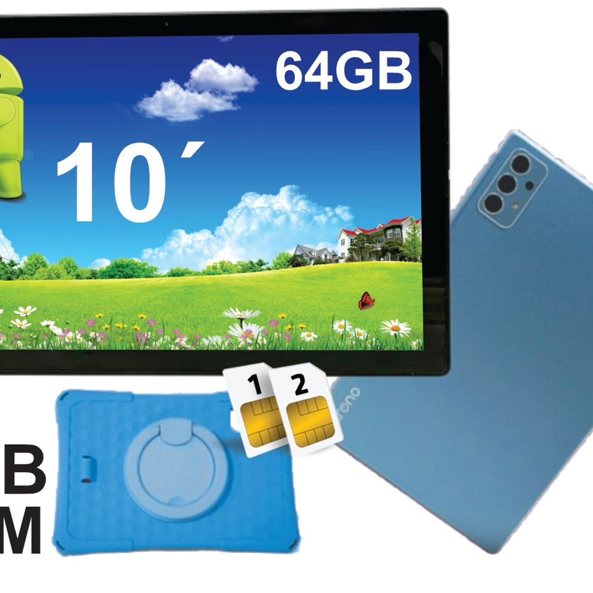 KRONO - Tablet Niños 10 Pulgadas 4GB RAM Doble SIM Android 14 64GB AZUL