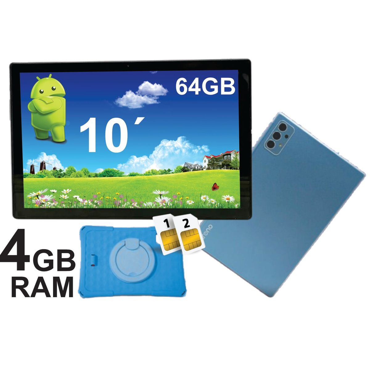 KRONO - Tablet Niños 10 Pulgadas 4GB RAM Doble SIM Android 14 64GB AZUL