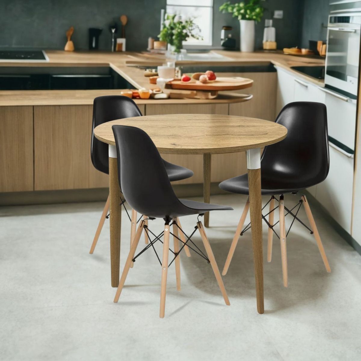 EKONOMODO COLOMBIA - COMBO COMEDOR LIZZ REDONDO PEQUEÑO 3 PUESTOS CON SILLAS EAMES NEGRO